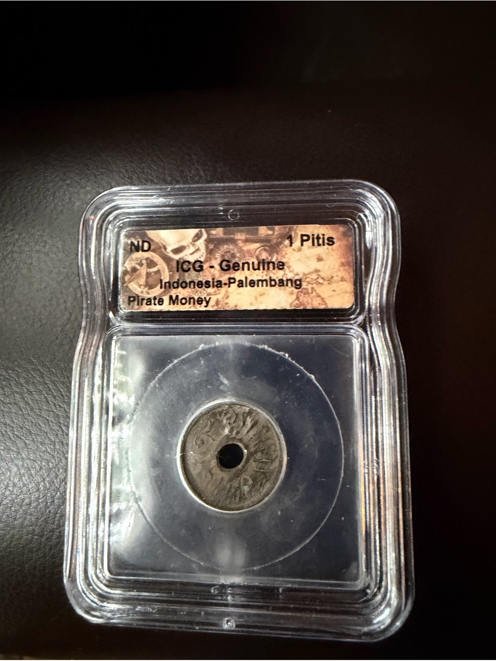 Indonesia-Palembang Pirate Money 1 Pitis Coin in Clear Holder - Gray